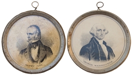 Rare 1844 Presidential Campaign Metal Featuring Whig Henry Clay & George Washington on Reverse -- With Pewter Rim Measuring 2.5